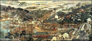 下图是清朝《盛世滋生图》所展示的苏州斜桥商市.从该